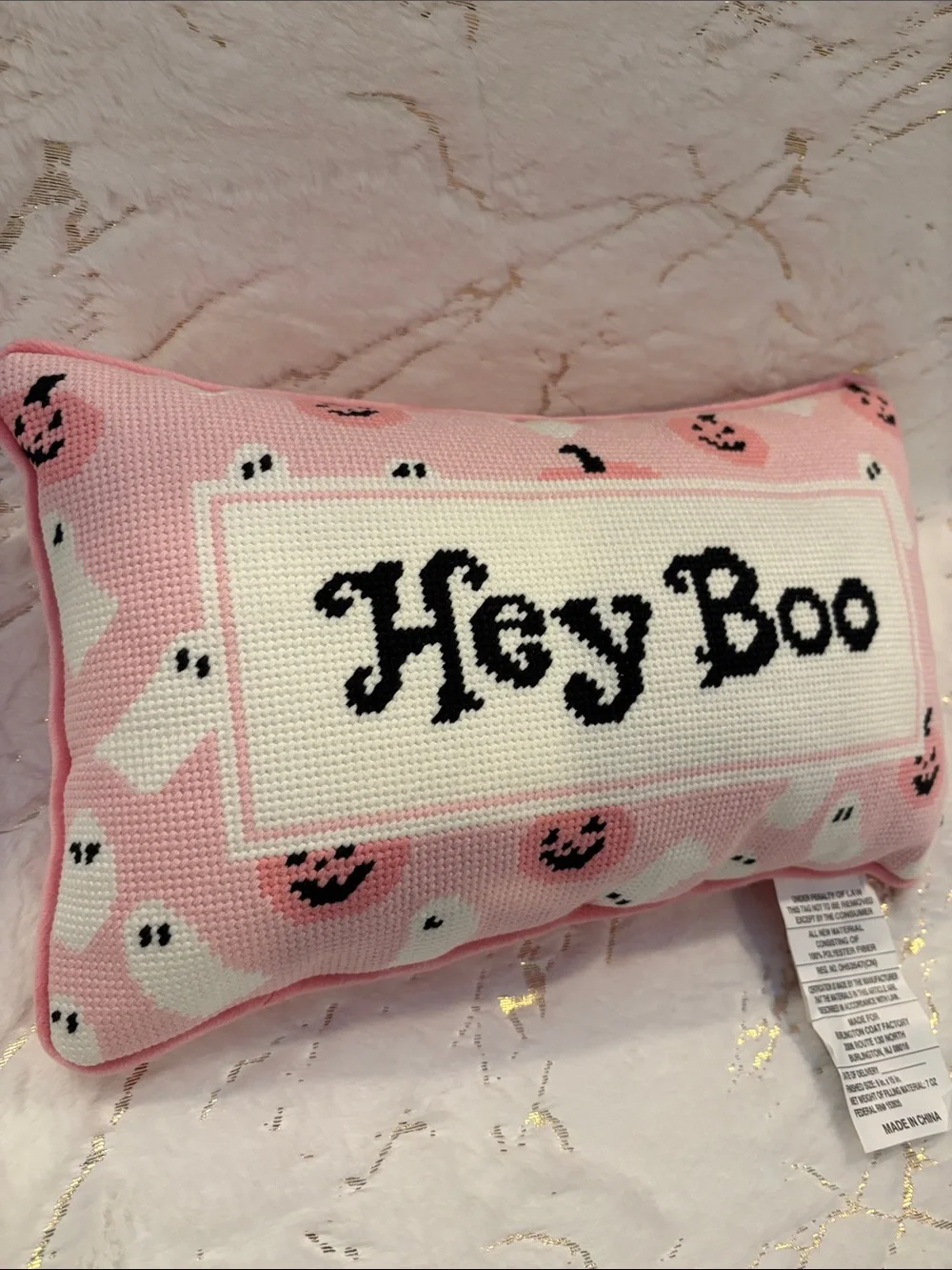 BNWT Hey Boo Pink Halloween Decorative Pillow 9x15 Inches